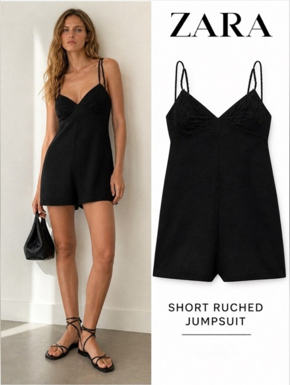 ZARA Black Spaghetti-Strap Ruched Romper Sz Medium